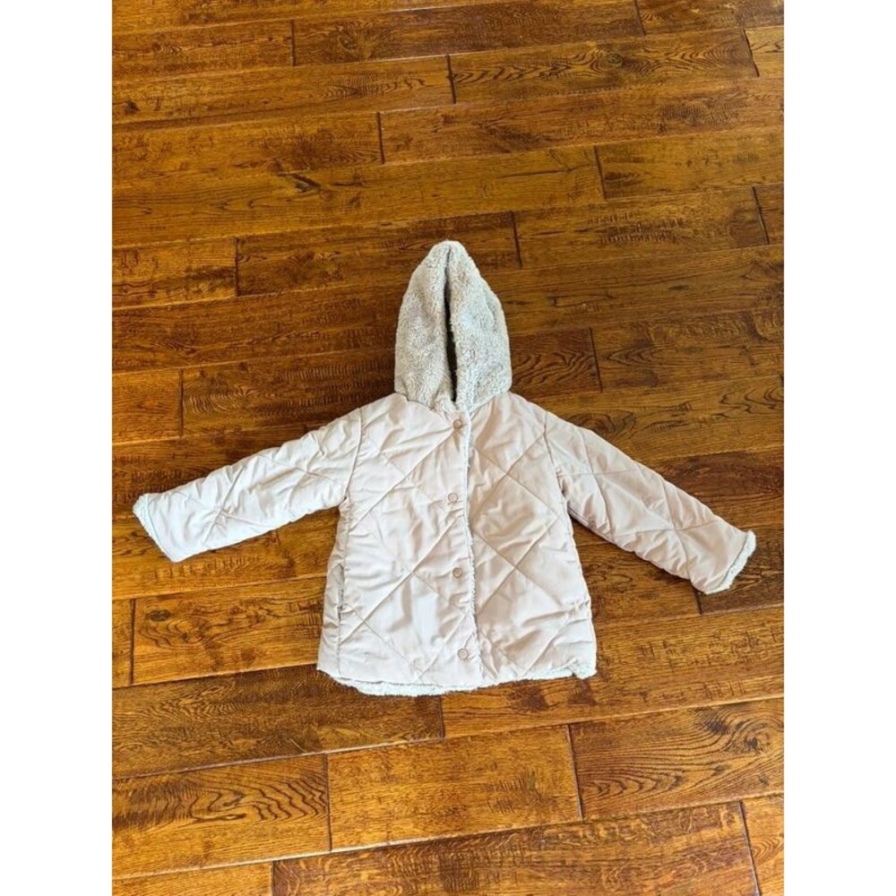 Zara Girls Light Pink Puffer Fur Lined Button and Zip Hooded Coat